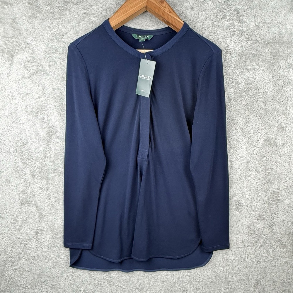 Lauren Ralph Tunic Blouse Womens 3X Navy Blue Sheer Light Modern Staple NWT